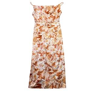 Tsher Orange Floral Satin Cowl Neck Midi Slip Dress NWT XS NWT Festive Boho